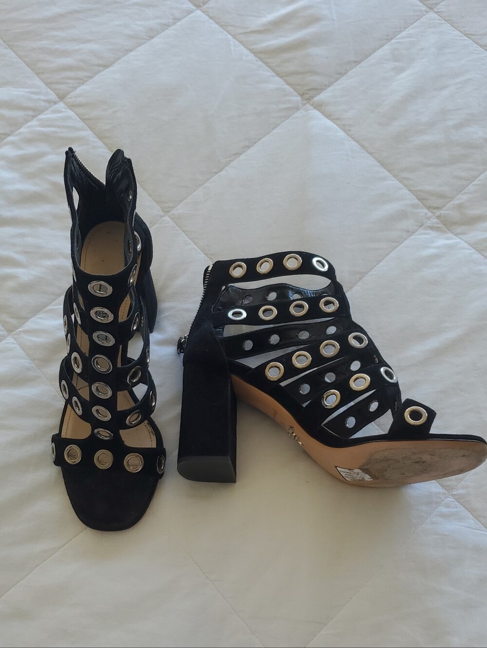 Prada Black Grommet Cutout Block Heel Sandals